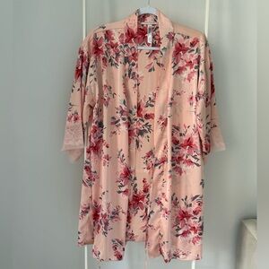 Flora Nikrooz Peach Satin Floral Robe with Rose and Coral Blooms